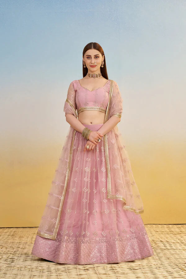Party Wear Light Pink Net Lehenga Choli with Embroidery
