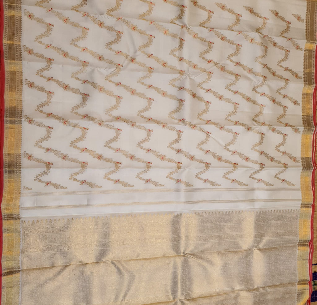 Off White Kanchipuram Handloom 3G Gold Pattu Silk Meenakari Saree
