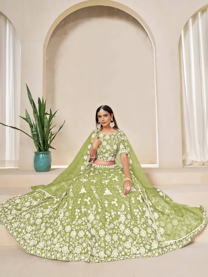 Tan Green Gold Embroidered Lehenga Choli