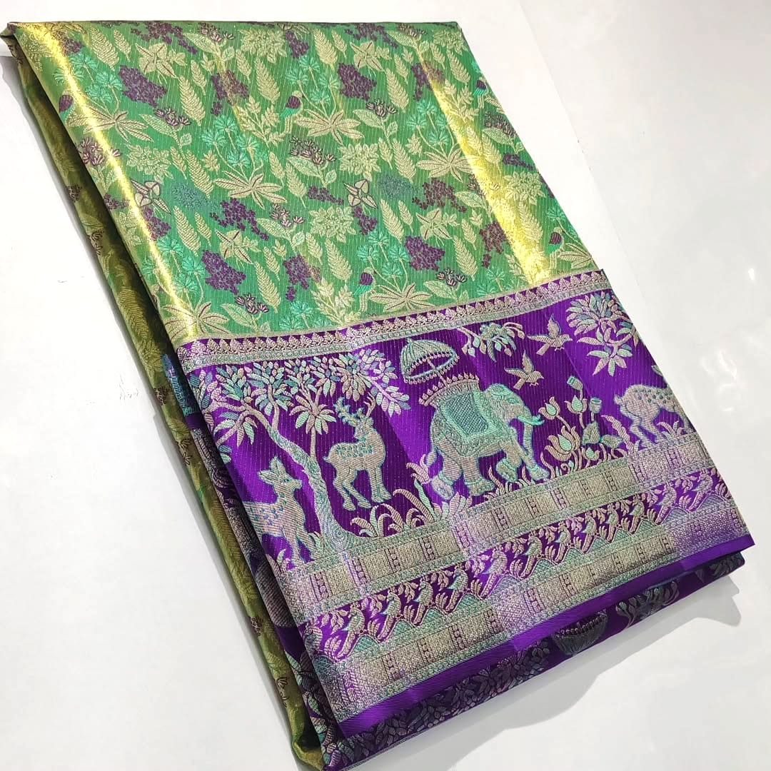 Green Kanchipuram Handloom Tissue Brocade 1G Gold Bridal Saree