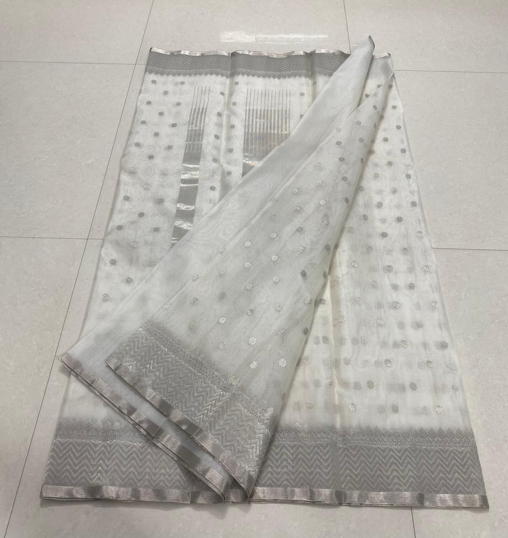 Pearl White Chanderi Handloom Katan Silk Saree