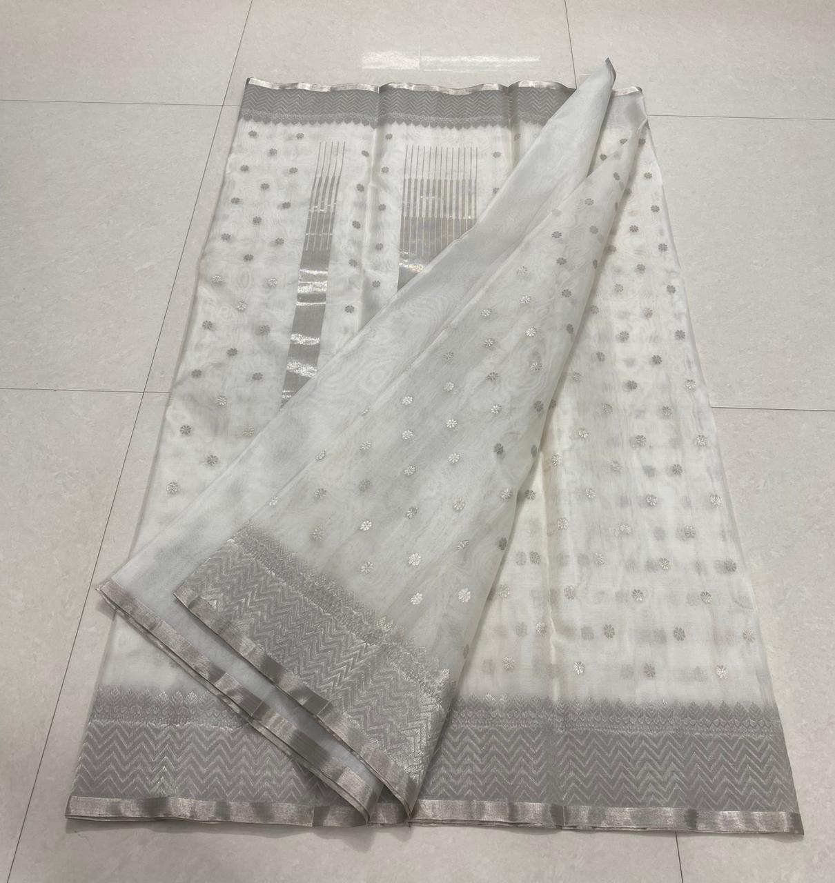 Pearl White Chanderi Handloom Katan Silk Saree