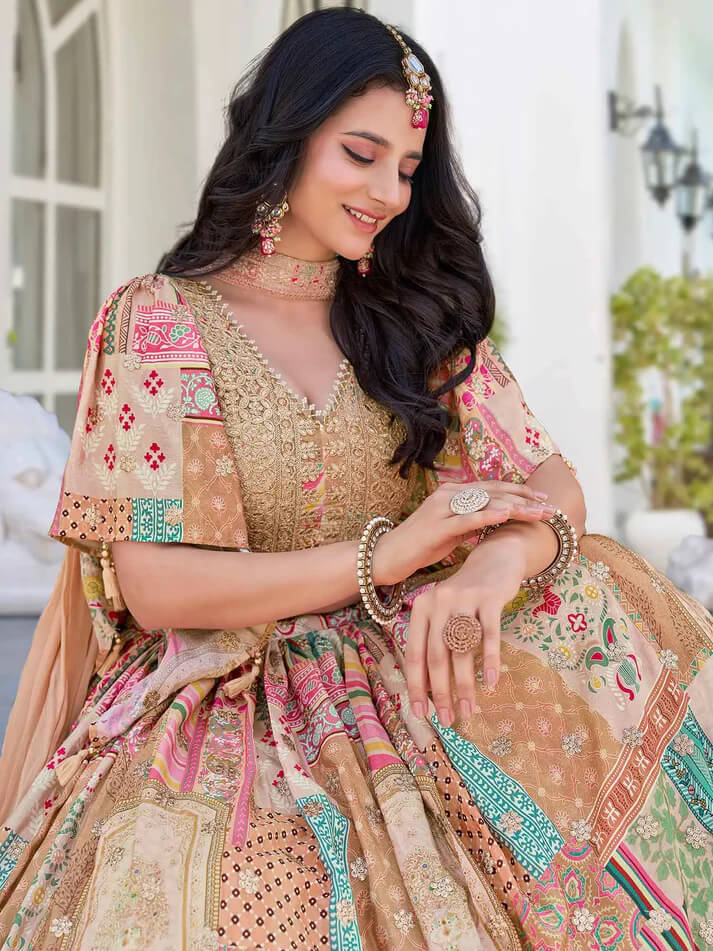 Beige Digital Print Lehenga with Embroidery & Blouse