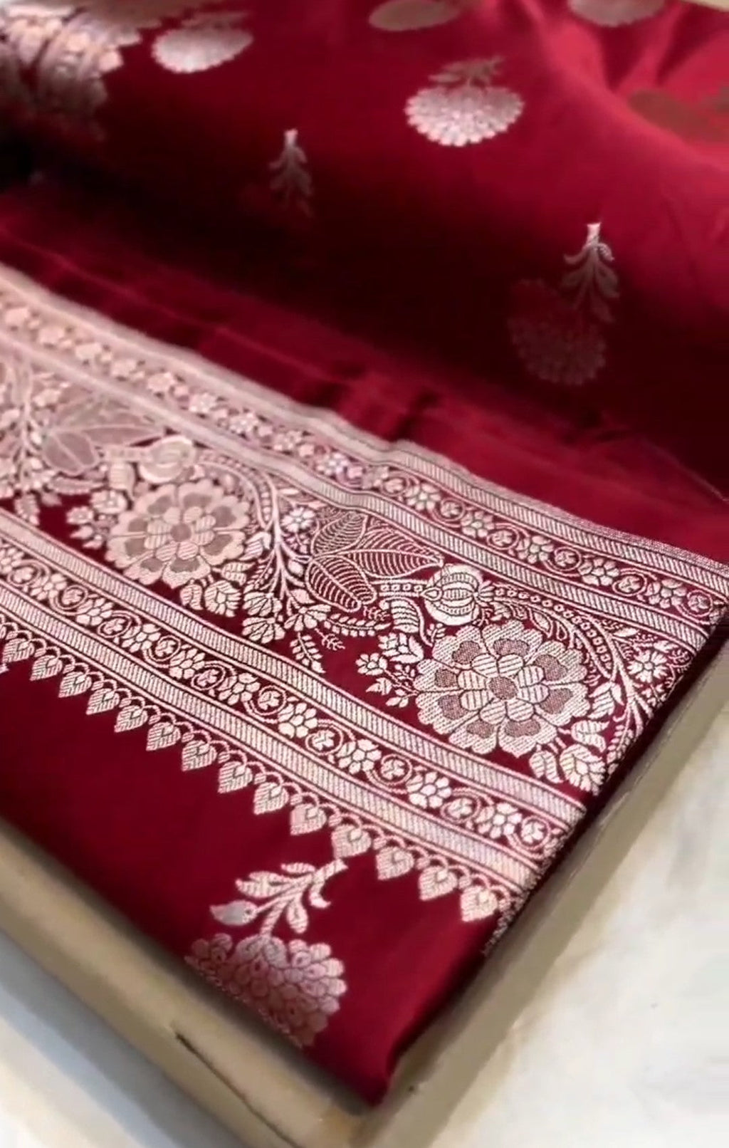Deep Red Banarasi Mashru Soft Silk Saree