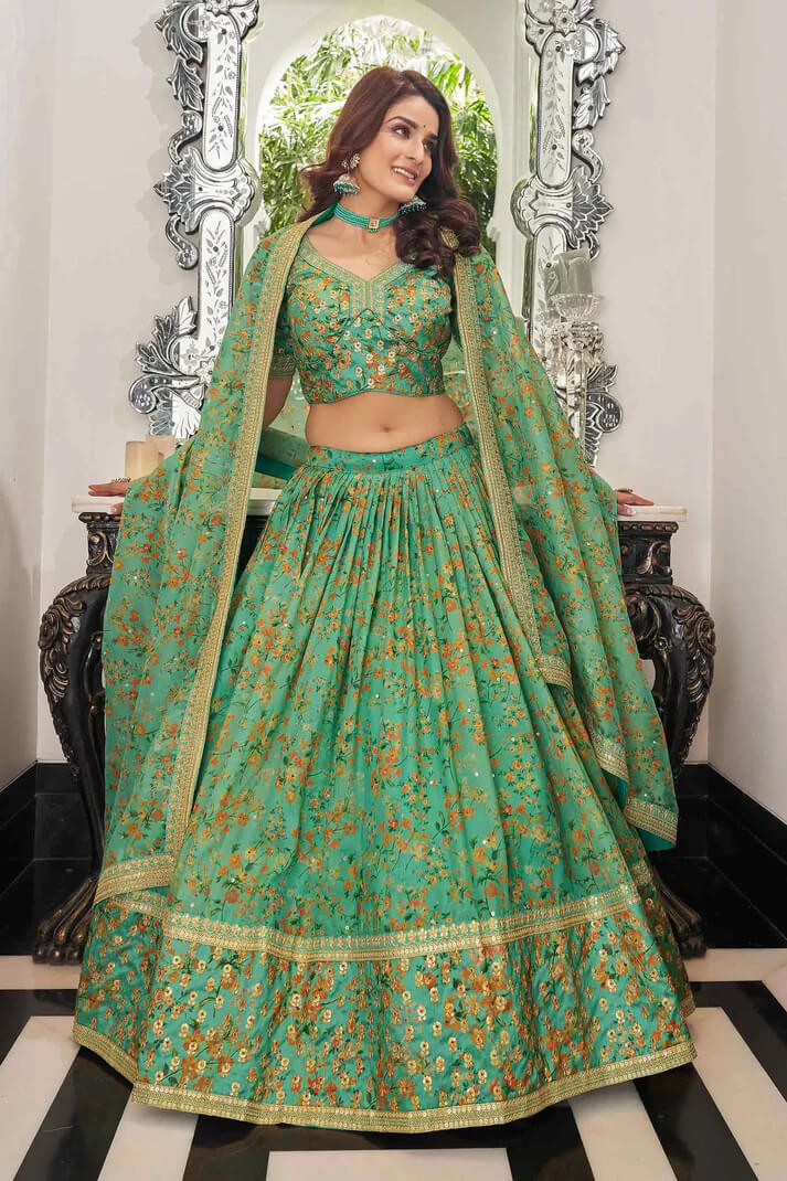 Pista Organza Floral Lehenga with Zari & Sequins Work