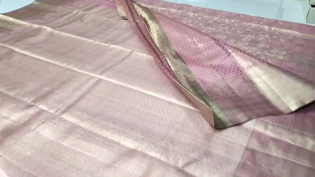 Babylyserød Kanchipuram håndvævet silkesari i brokade