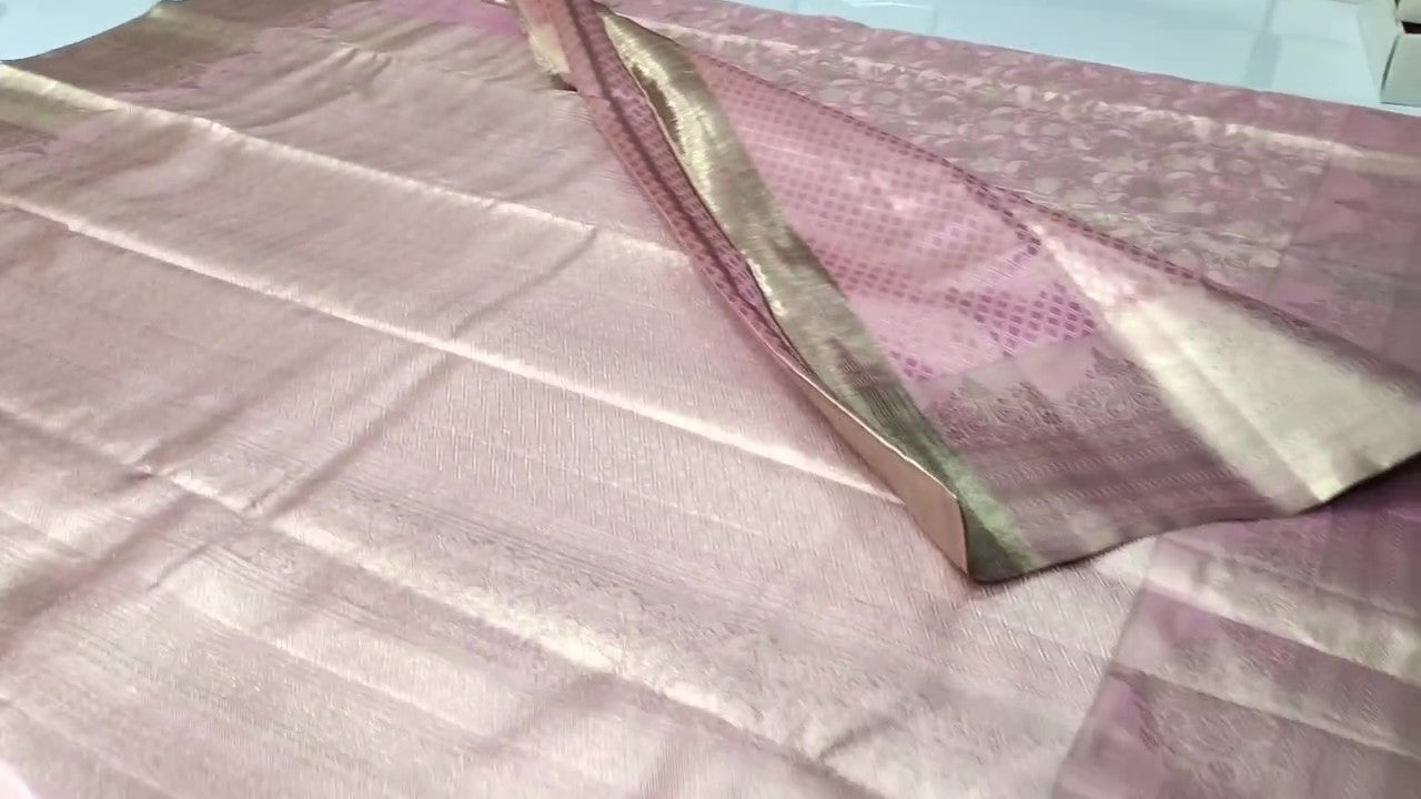 Babylyserød Kanchipuram håndvævet silkesari i brokade