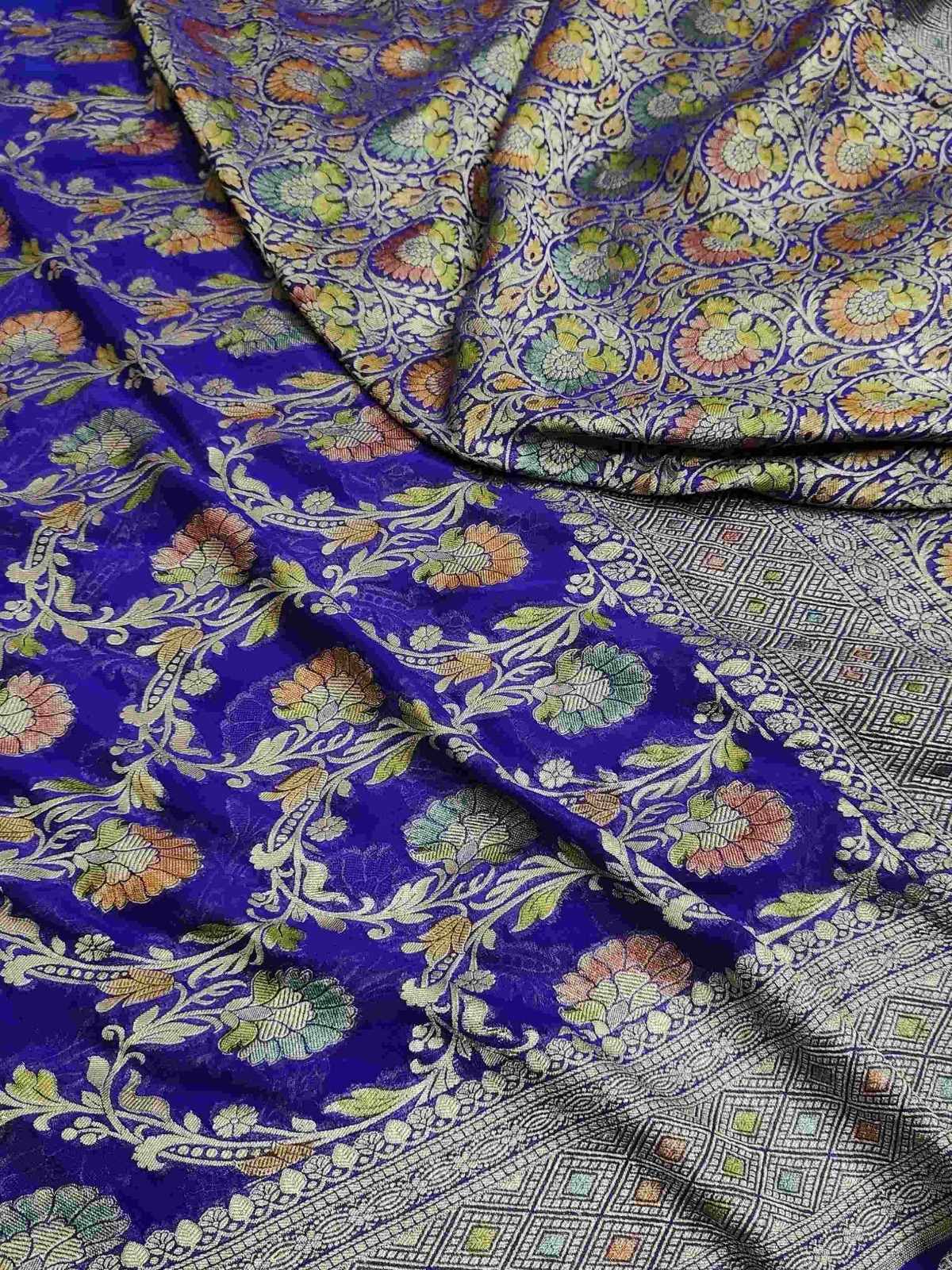 Kongeblå Banarasi håndvævet vand Zari Georgette Silke Saree