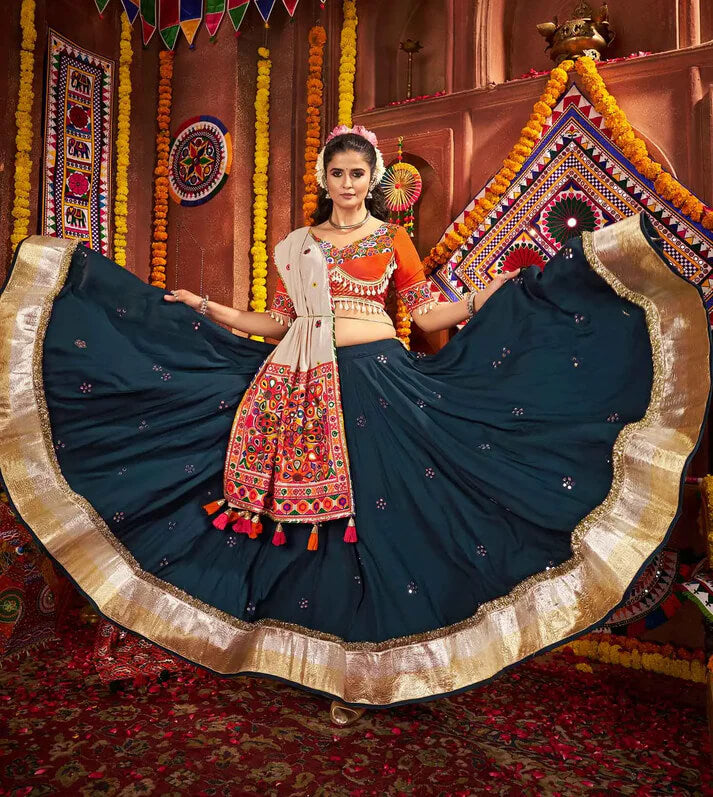 Teal Blue Navratri Lehenga with Mirror Kodi & Thread Work