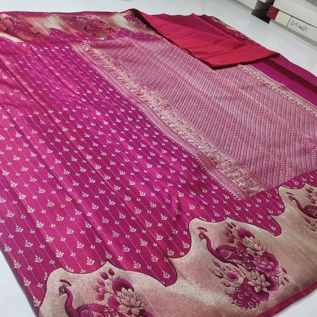 Dark Pink Kanchipuram Handloom Pattu Silk Meenakari Saree