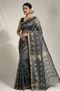 Dark Grey Chanderi Handloom Katan Silk Meenakari Saree