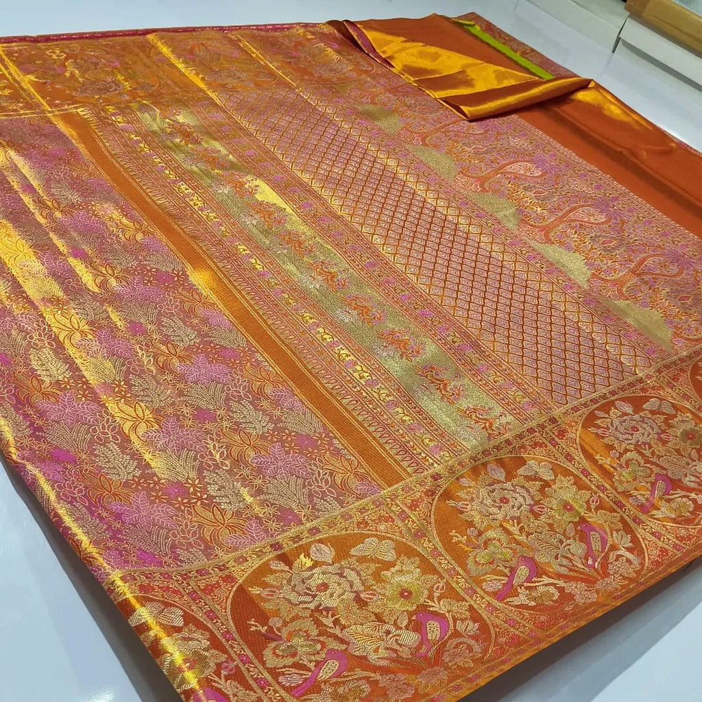 Orange Kanchipuram håndvævet vævsbrokade Meenakari silkesari