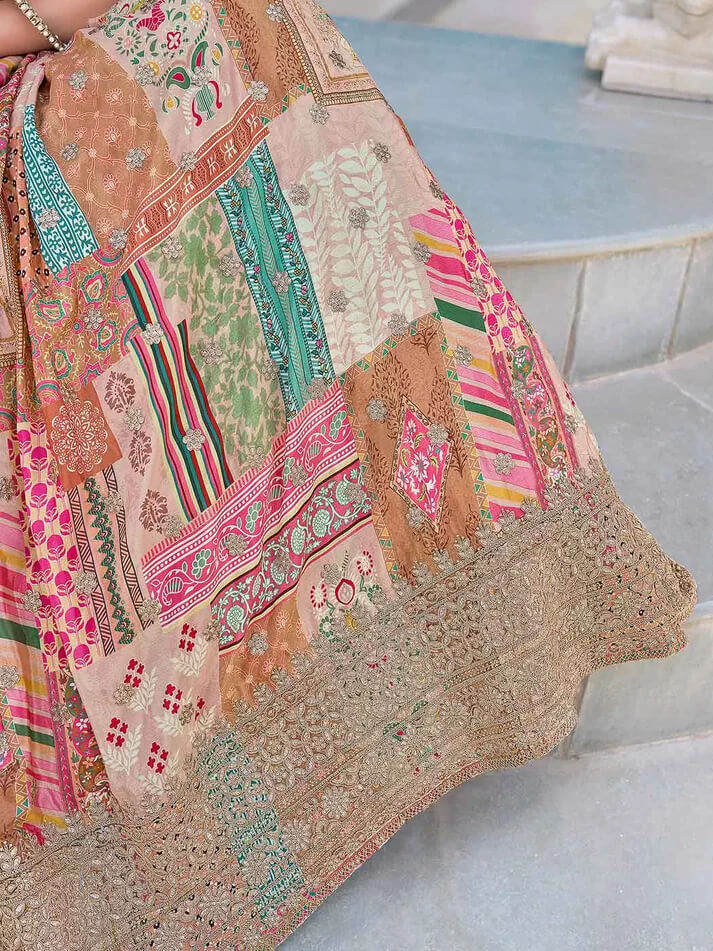 Beige Digital Print Lehenga with Embroidery & Blouse