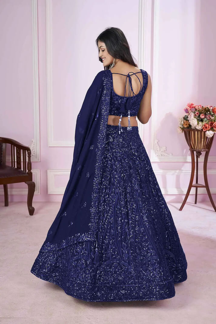 Navy Blue Georgette Lehenga with Sequins & Thread Embroidery