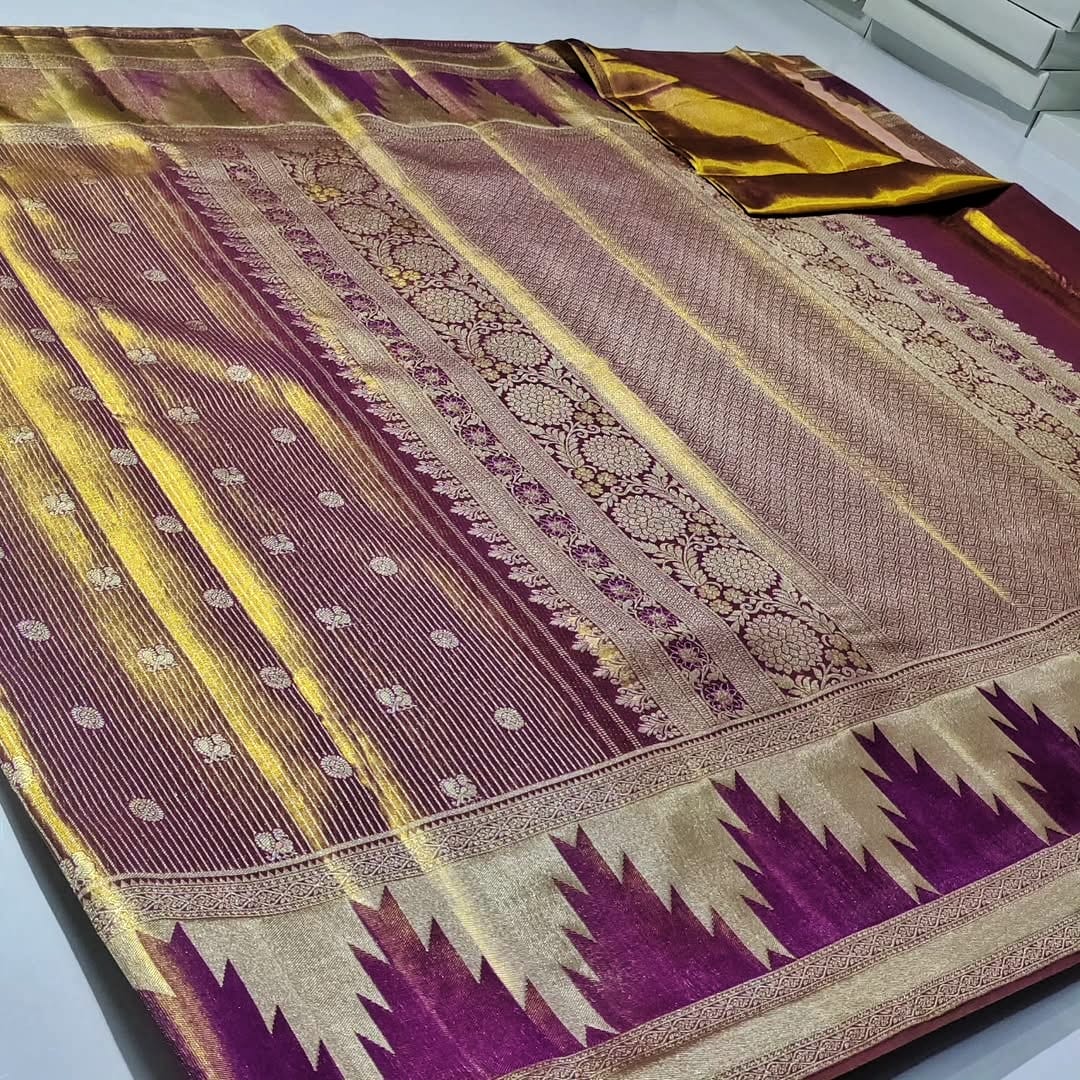 Magenta Kanchipuram Handloom Tissue Brocade Silk Meenakari Saree