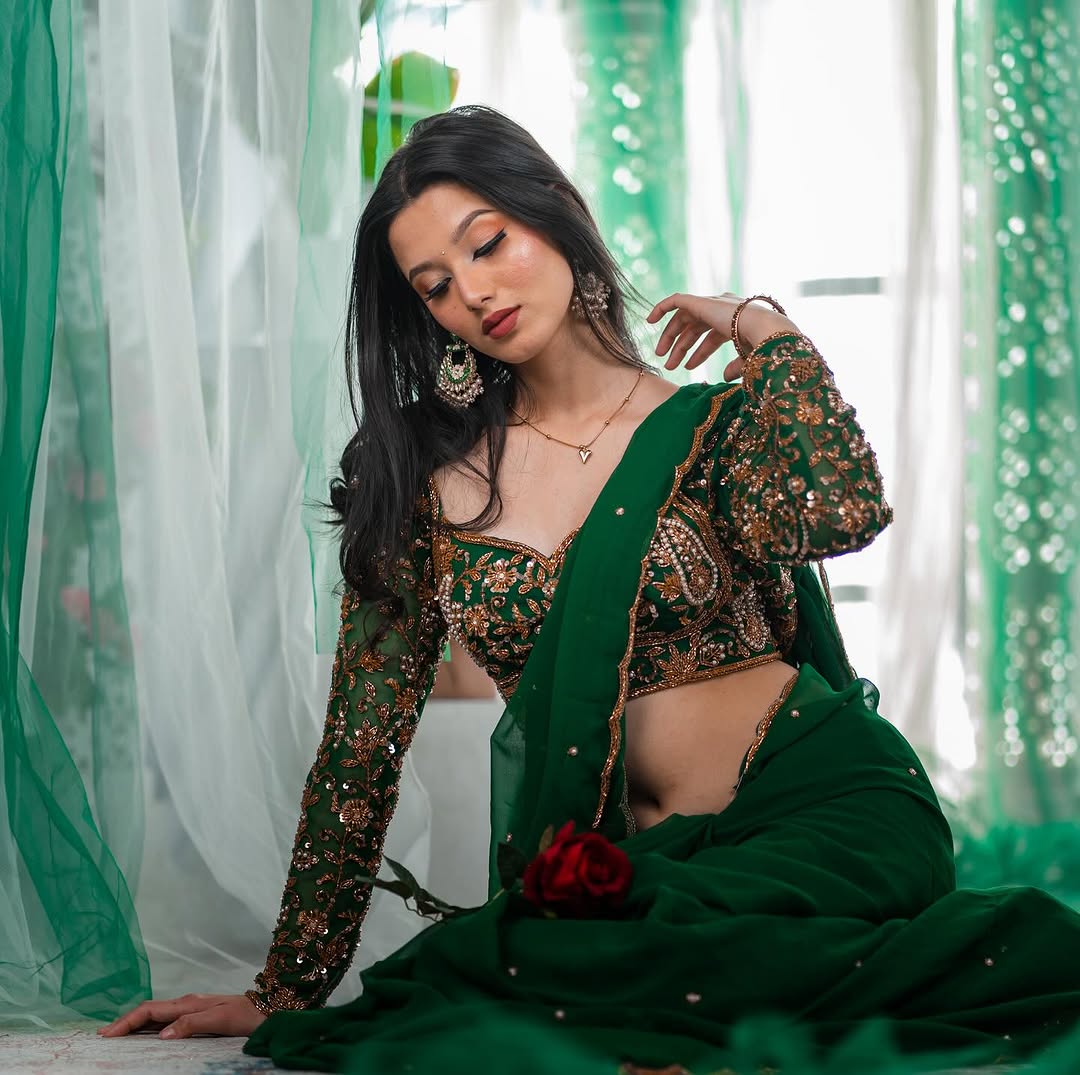 Bottle Green Hand Embroidered Organza Silk Saree