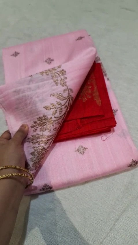 Pink Banarasi Handloom Tussar Raw Silk Saree