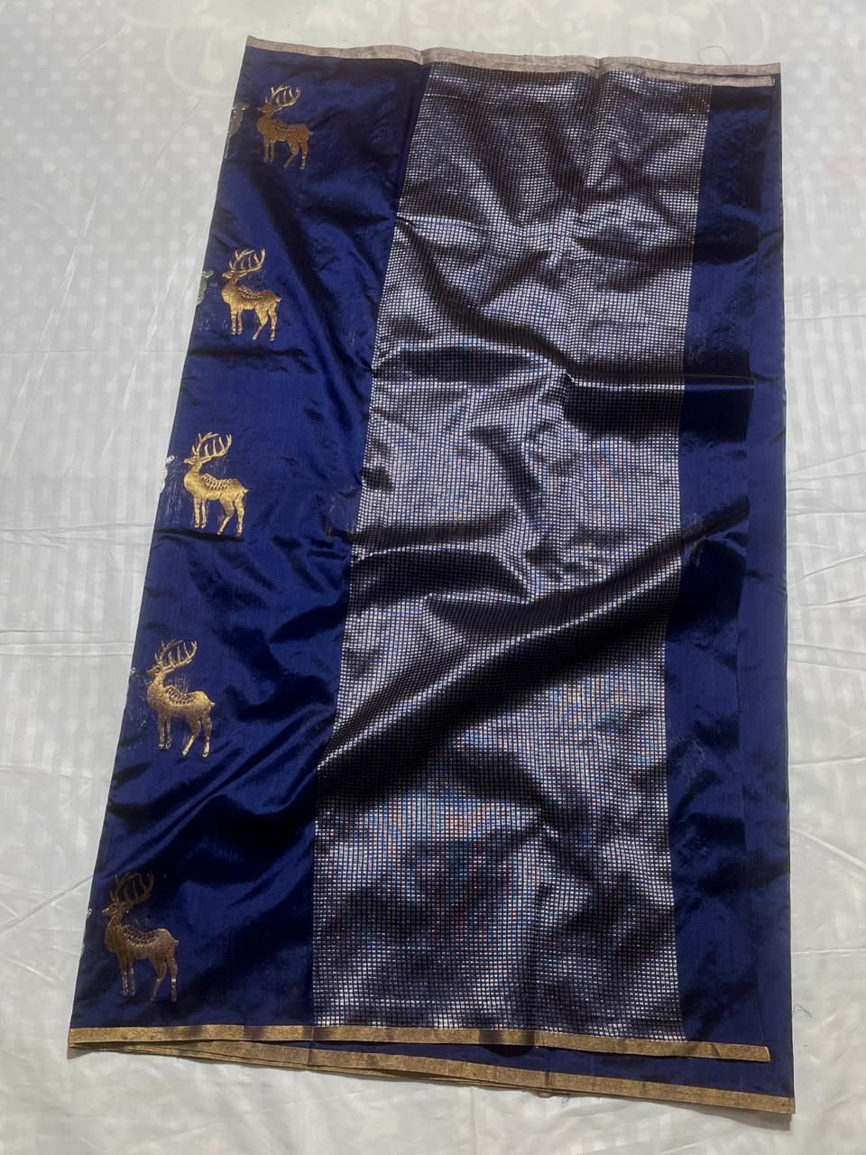 Dark Blue Chanderi Handloom Pattu Silk Sona Rupa Saree