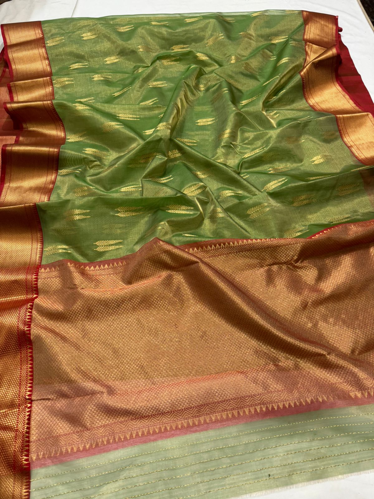 Mehandi Green Chanderi Handloom Katan Tissue Silk Saree