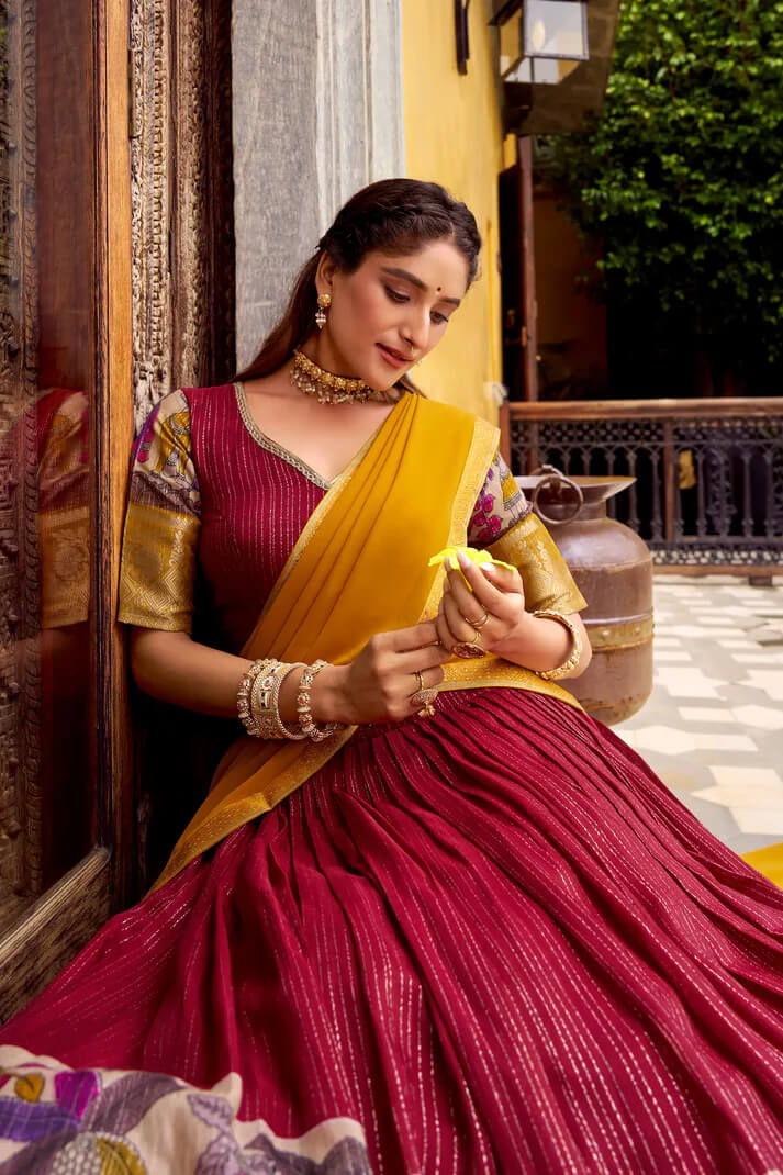 Red Chanderi Lehenga with Kalamkari & Zari Work