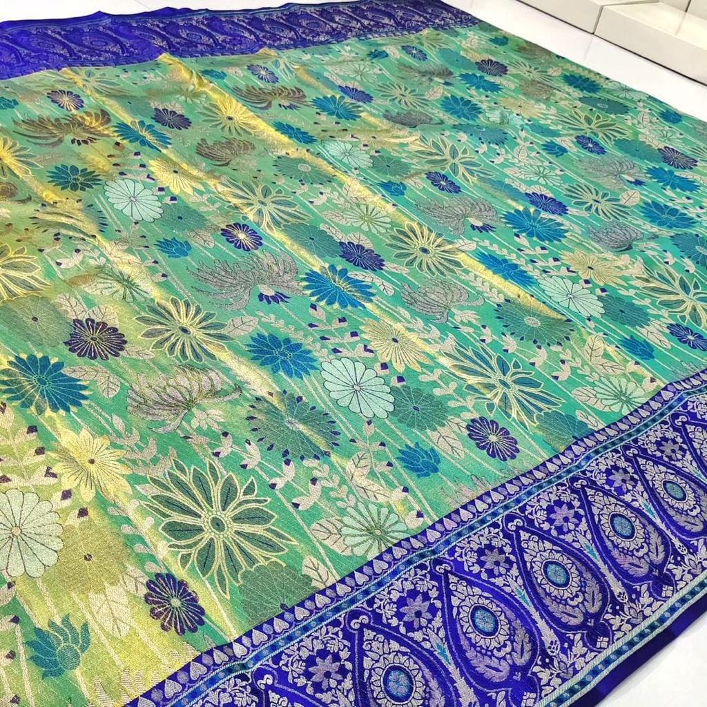 Sea Green Kanchipuram Handloom Tissue Brocade Meenakari Silk Saree