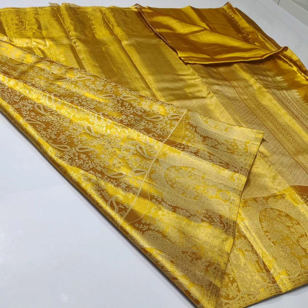 Gold Kanchipuram Handloom Tissue Brocade Silk Bridal Saree