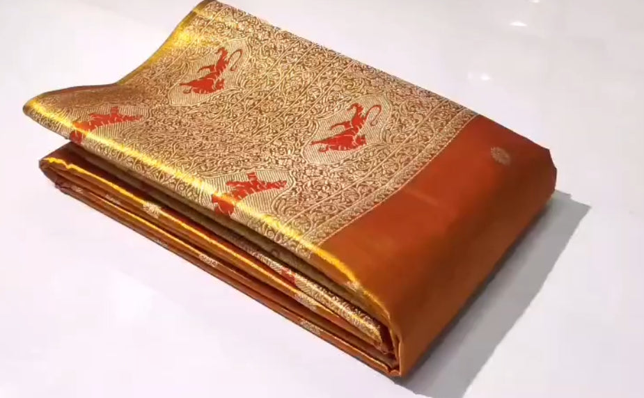 Orange Kanchipuram Handloom Tissue Brocade Silk Meenakari Saree