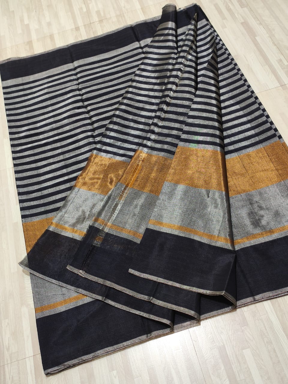 Gold, Silver & Black Chanderi Handloom Metallic Tissue Silk Contemporary Saree