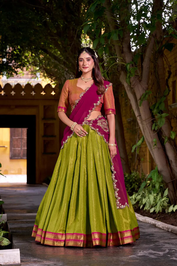 Olive Green Ethnic Lehenga Choli with Kanchipuram Zari Work