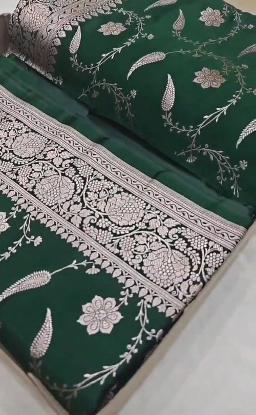 Bottle Green Banarasi Mashru Soft Silk Saree