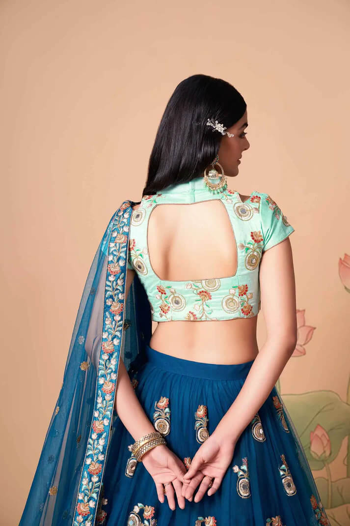 Dove Blue Net Lehenga with Zari, Sequins & Mirror Work