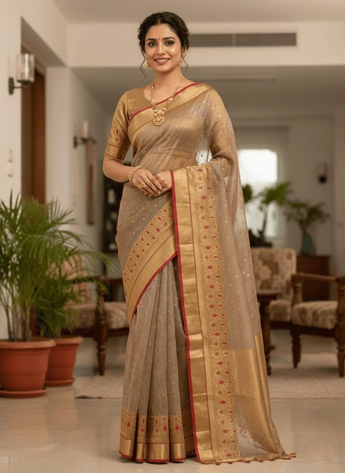 Beige Chanderi Handloom Katan Silk Meenakari Handwork Saree