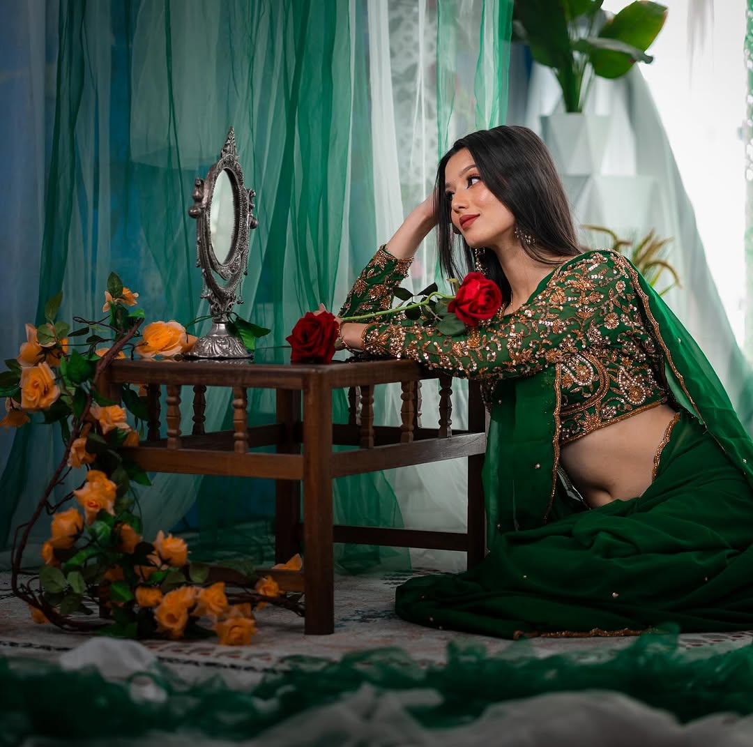 Bottle Green Hand Embroidered Organza Silk Saree