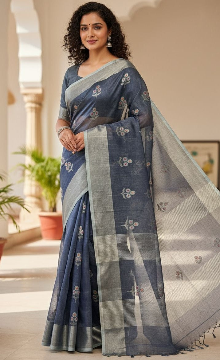 Steel Blue Chanderi Handloom Katan Tissue Silk Meenakari Saree