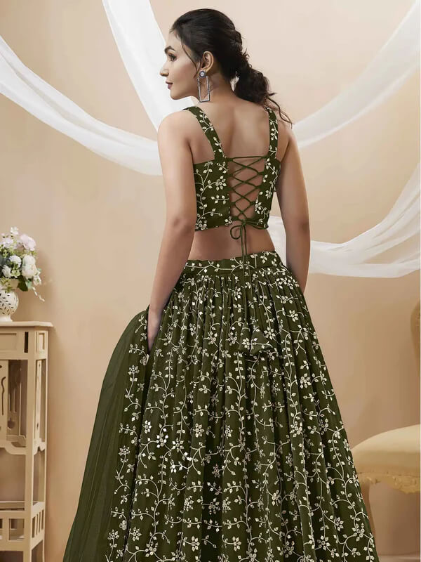 Dark Olive Green Georgette Lehenga with Sequins & Zari