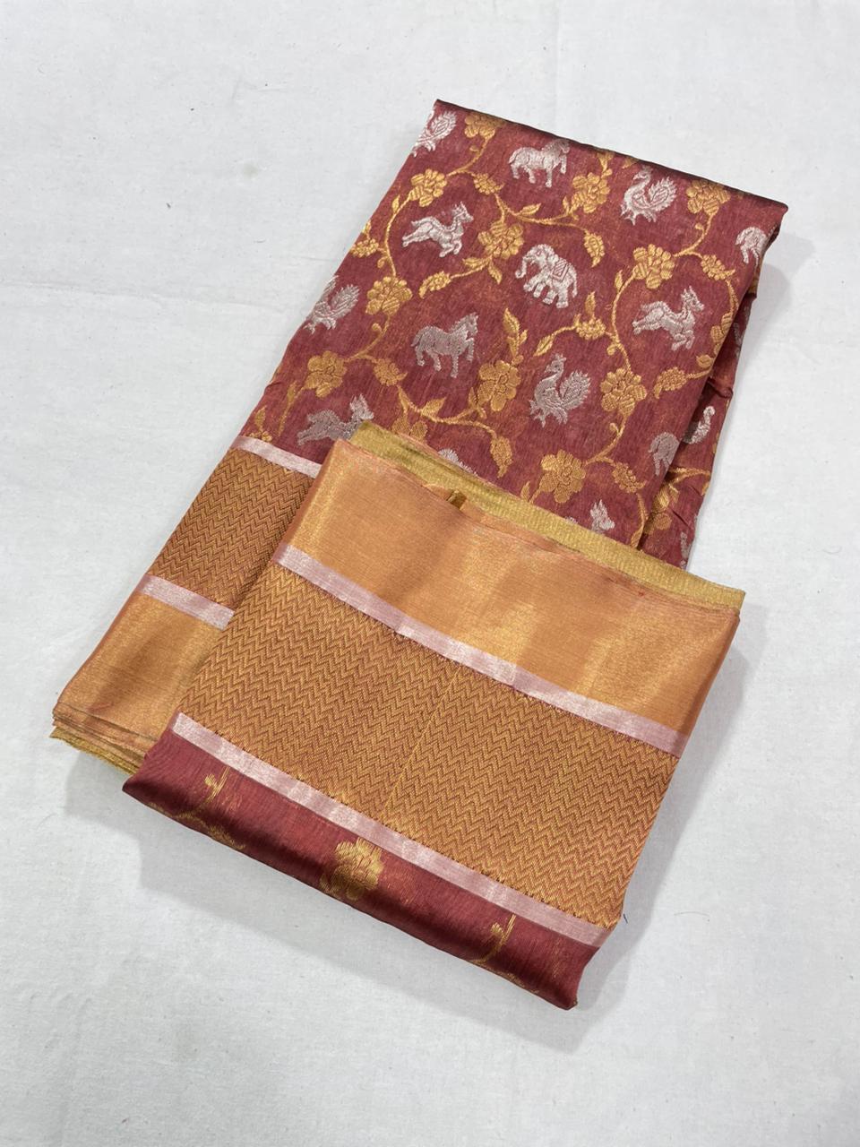 Copper Chanderi Handloom Pattu Silk Shikargah Handwork Saree