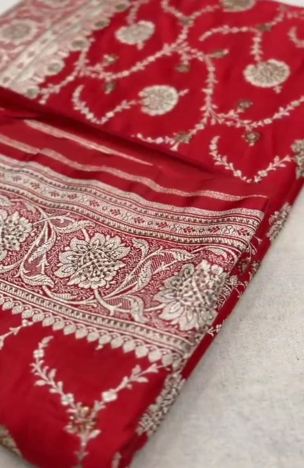 Red Banarasi Satin Katan Silk Swarovski Jangla Saree