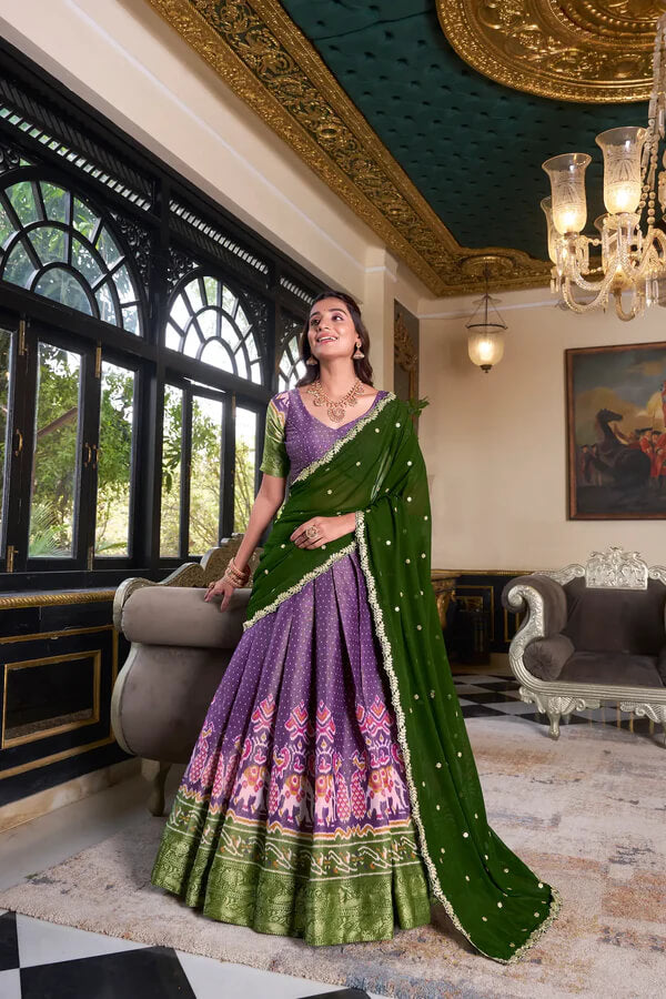 Purple Silk Lehenga with Digital Print and Embroidery Detailing