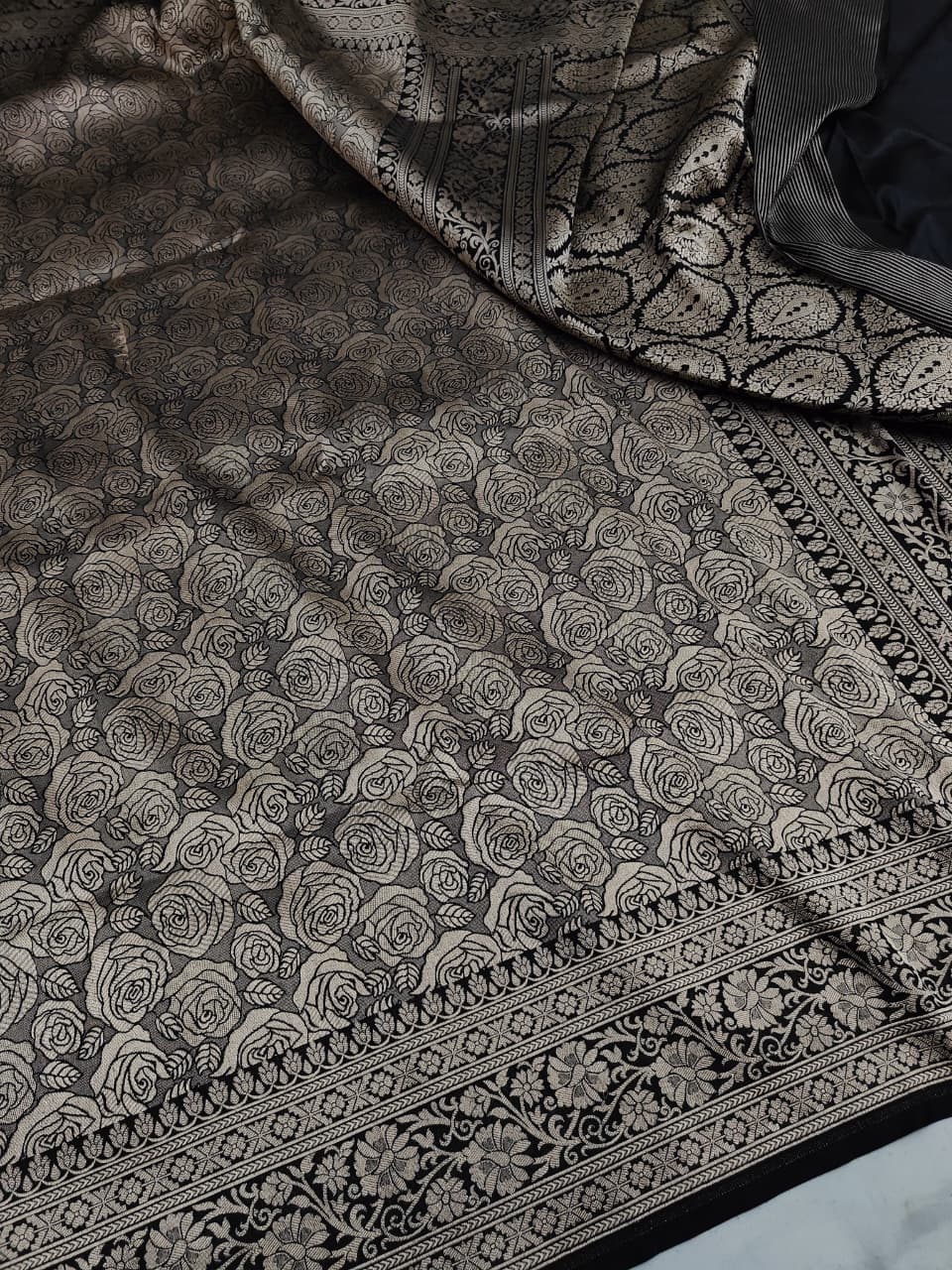 Black Banarasi Handloom Katan Silk Brocade Saree
