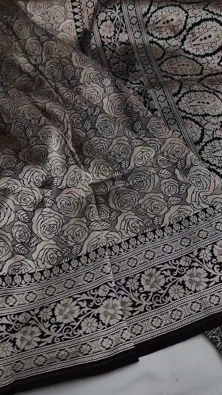 Black Banarasi Handloom Katan Silk Brocade Saree
