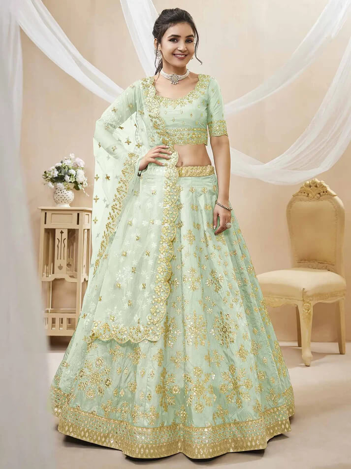 Pista Green Art Silk Lehenga with Sequins & Zari Work