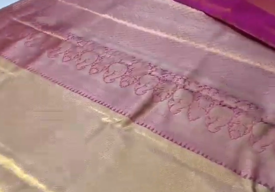 Gold and Hot Pink Kanchipuram Handloom Tissue Brocade Silk Saree