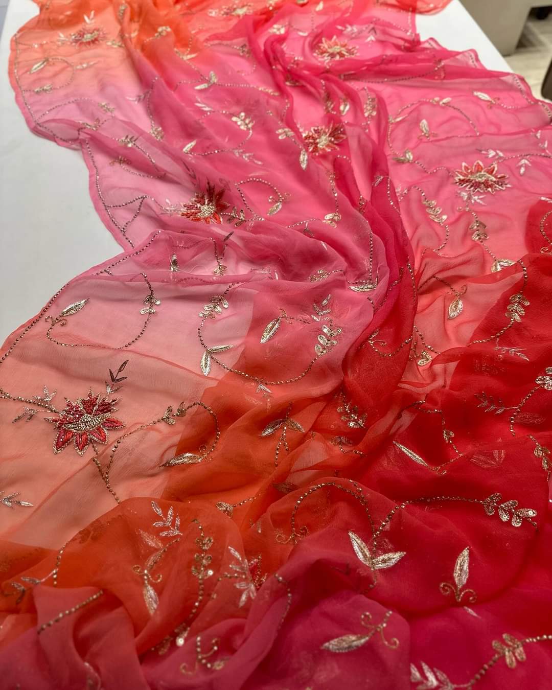 Red Hand Embroidered Diamond Chiffon Silk Saree
