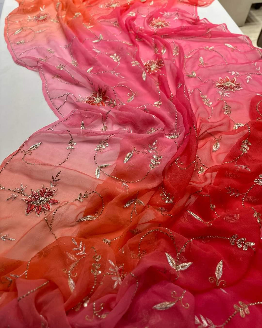 Red Hand Embroidered Diamond Chiffon Silk Saree