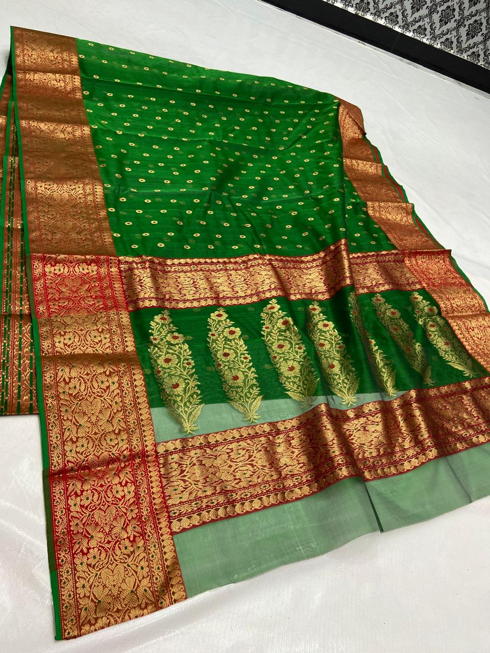 Dark Green Chanderi Handloom Katan Silk Nakshi Saree