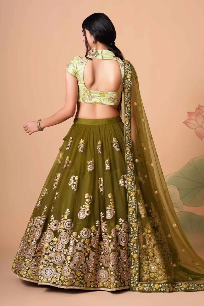 Mehndi Green Net Lehenga with Zari, Sequins & Mirror Work