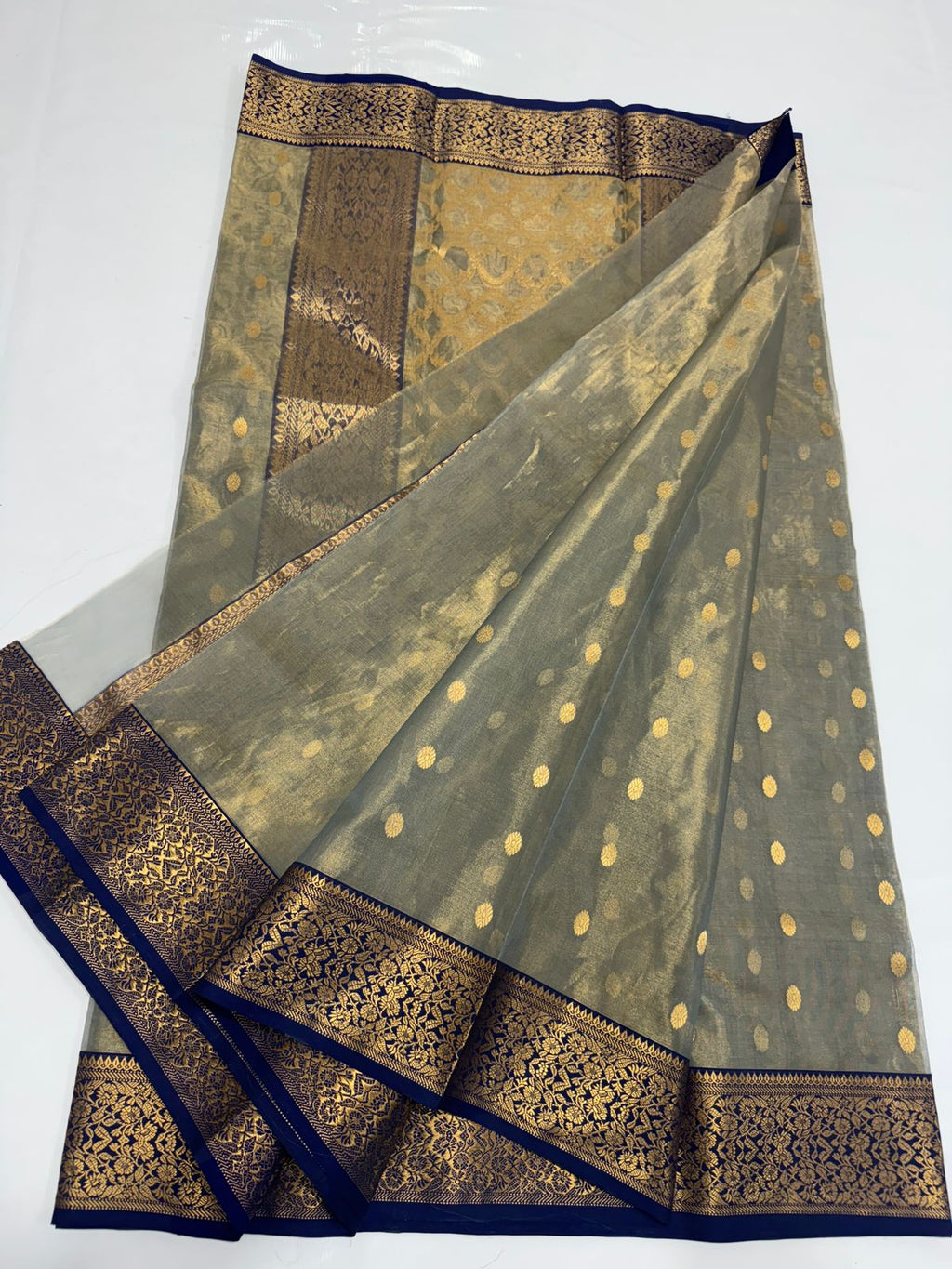 Dual Tone Grå Chanderi Håndvævet Katan Tissue Silke Saree
