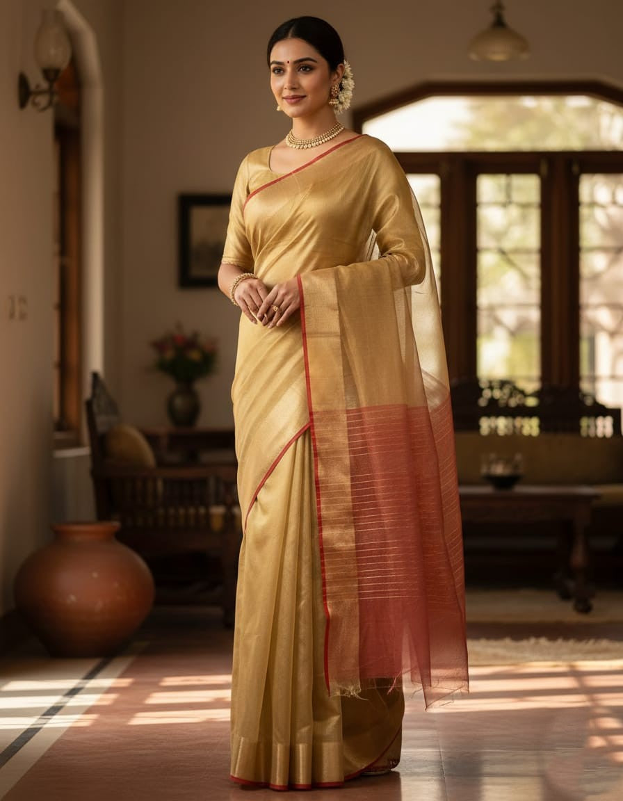 Guld Chanderi Handloom Tissue Silke Saree