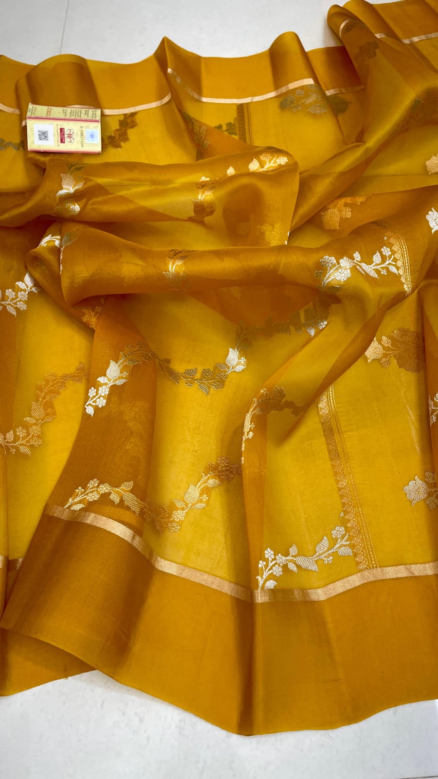 Mustard Banarasi Handloom Kora Organza Silk Saree