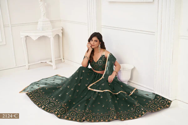 Festive Dark Green Net Embroidery Lehenga Choli